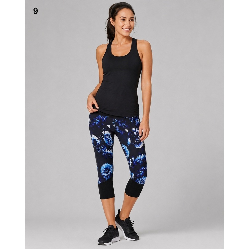 Apana Yoga Leggings Womens Medium Black Blue Floral Polyester Crop